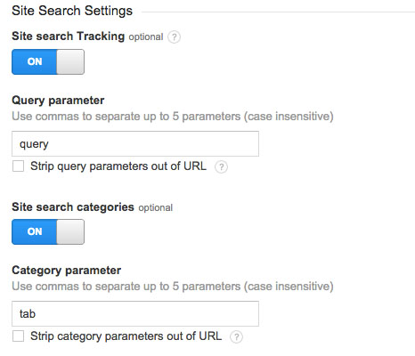 Site Search Settings in Google Analytics