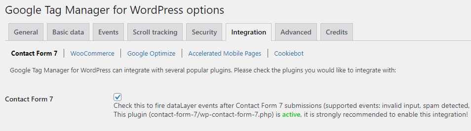 Activating the Contact Form 7 integration in GTM4WP.