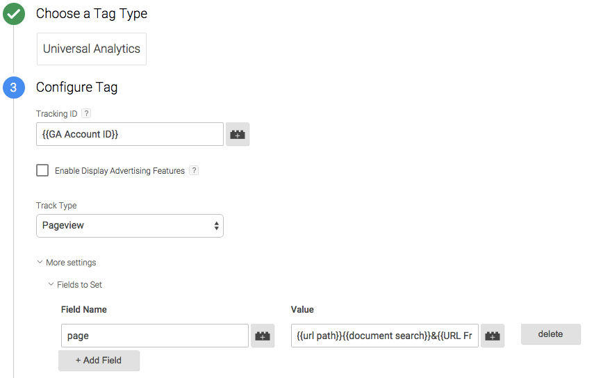 Creating the tag we need for the custom URL Fragment data in Google Tag Manager.