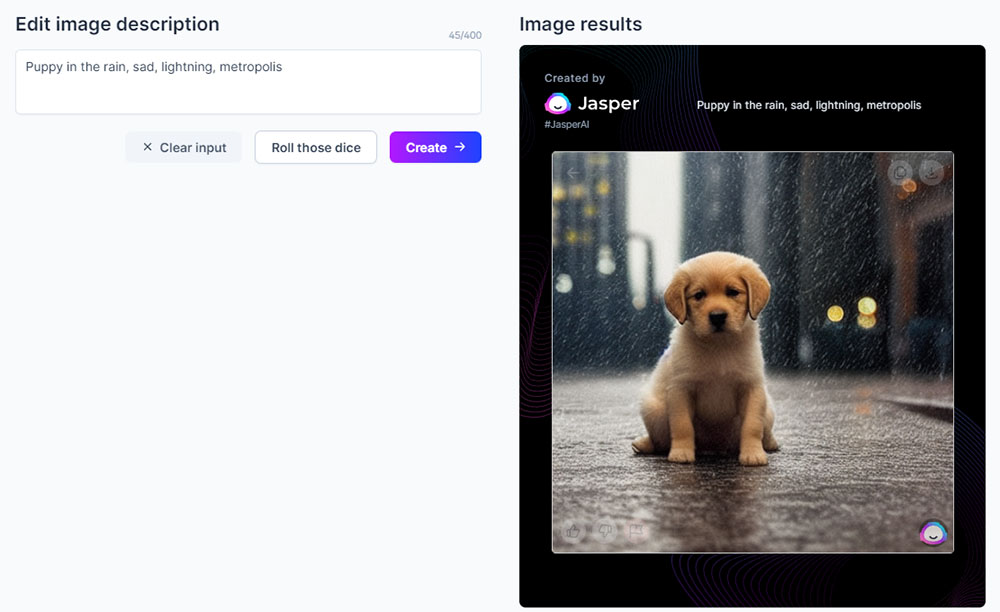Creating an image of a sad puppy sitting in the rain with Jasper AI Art