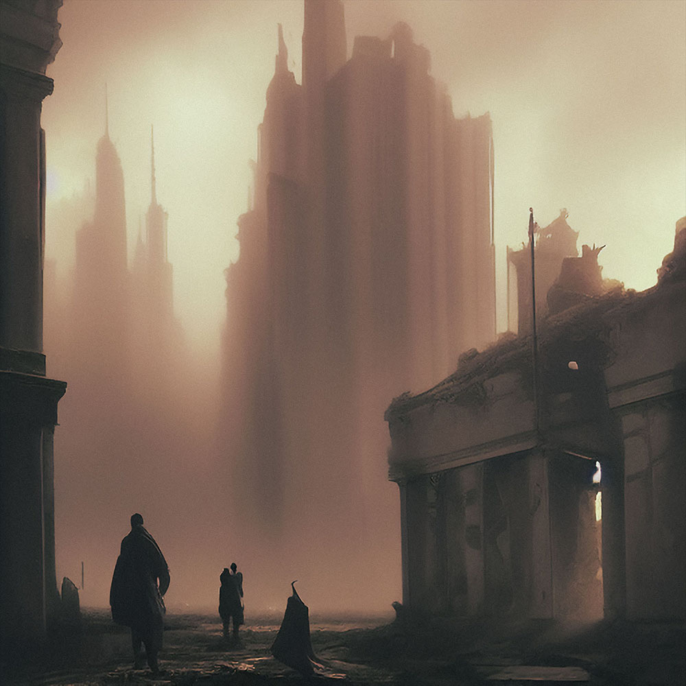 Gloomy city in ruins, created with Jasper AI Art.