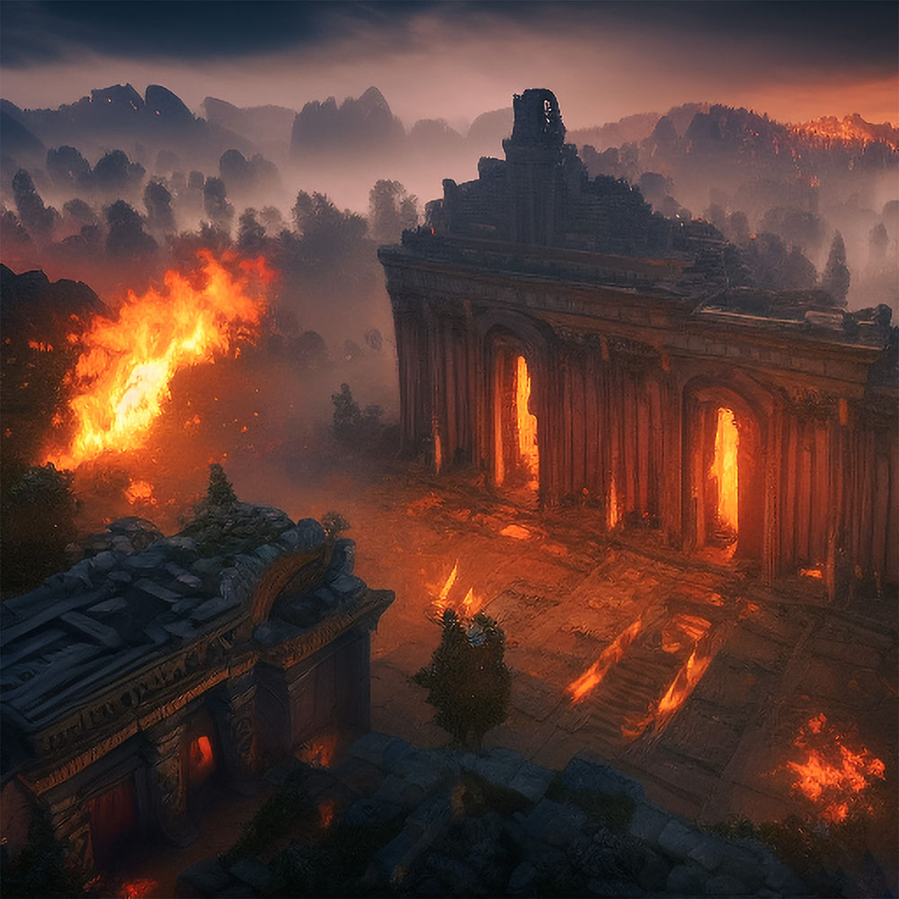 Ariel view of a ruined old city on fire, created with the help of Jasper AI.