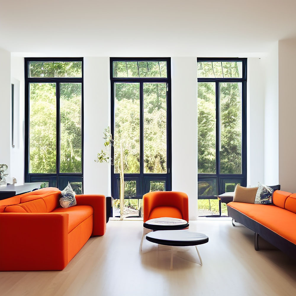 Interior with a minimalistic design. White walls, large windows and orange details.