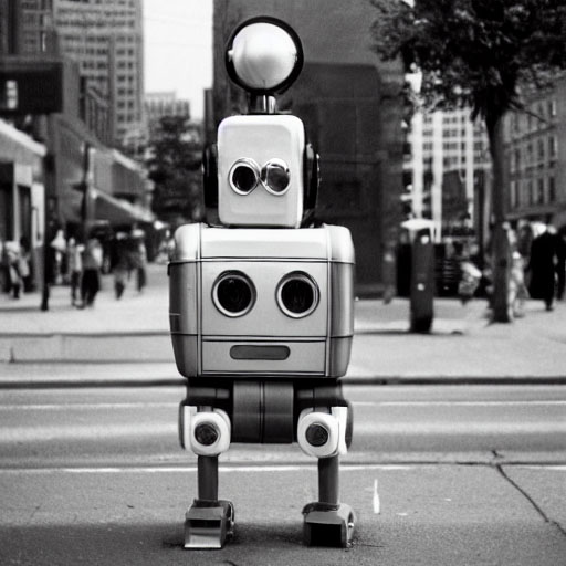 A black and white retro robot in the style of Vivian Maier, created with Jasper Art AI.