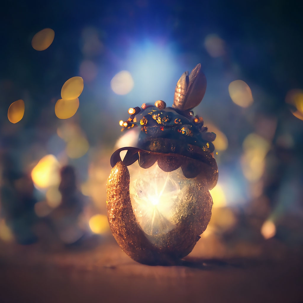 A radiant, eternal acorn in an ocean of bokeh, as visualized by an AI. 